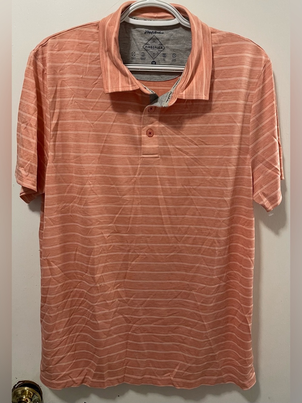 Flag & Anthem MadeFlex Men's Coral Short Sleeve Polo Striped Shirt Size Medium M